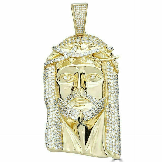 HUGE Mens Jesus Head Diamond Cross Piece Pendant 14k Gold Over SOLID Silver 925