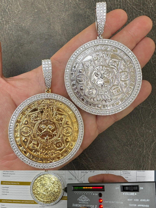 LARGE Moissanite Aztec Calendar Mayan Sun God Iced 925 Silver Pendant Necklace