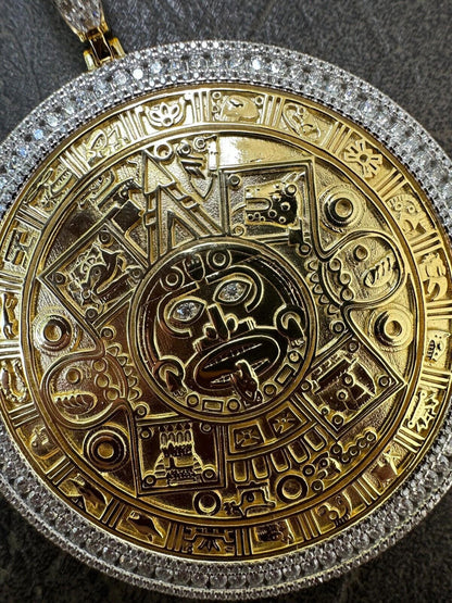 LARGE Moissanite Aztec Calendar Mayan Sun God Iced 925 Silver Pendant Necklace