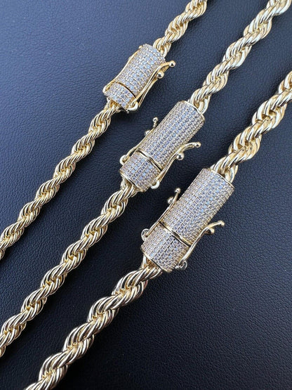 14k Gold Rope Chain Necklace For Men's 4-6mm With Moissanite Clasp