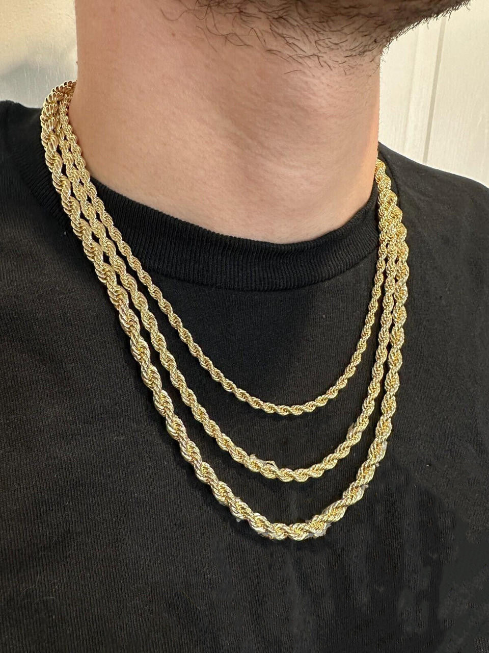14k Gold Rope Chain Necklace For Men's 4-6mm With Moissanite Clasp