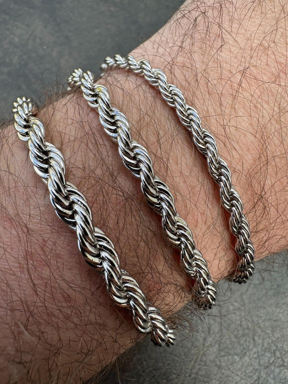 White Gold Rope Chain Bracelet Mens 4-6mm With Moissanite Clasp