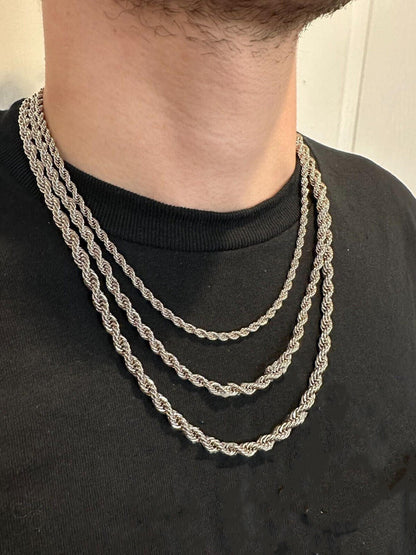 White gold Rope Chain Necklace For Men's 4-6mm With Moissanite Clasp