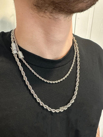 White gold Rope Chain Necklace For Men's 4-6mm With Moissanite Clasp