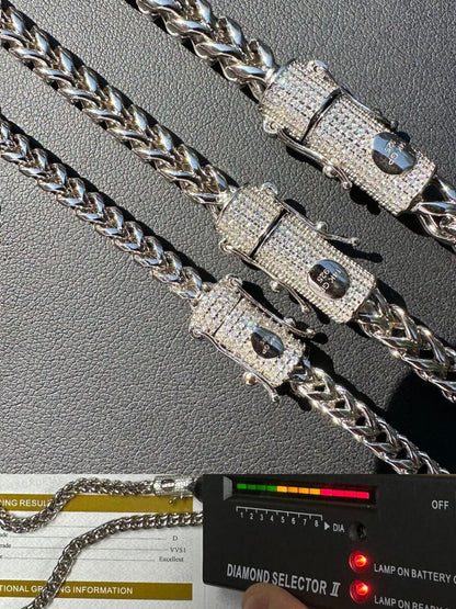 WHITE GOLD Iced MOISSANITE Clasp Stainless Steel & 925 Silver Franco Chain Necklace 4-6mm