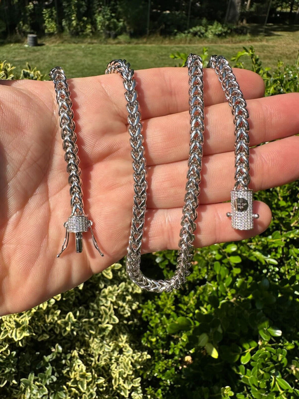 WHITE GOLD Iced MOISSANITE Clasp Stainless Steel & 925 Silver Franco Chain Necklace 4-6mm