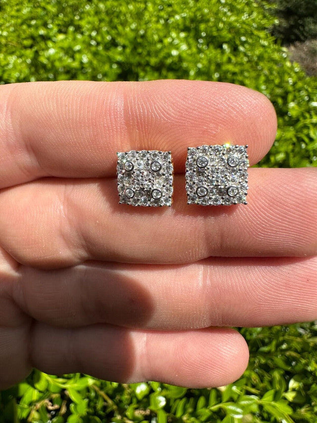 Iced Square Earrings Big 10mm Real 925 Silver 14k Gold Plated Studs Hip Hop Out