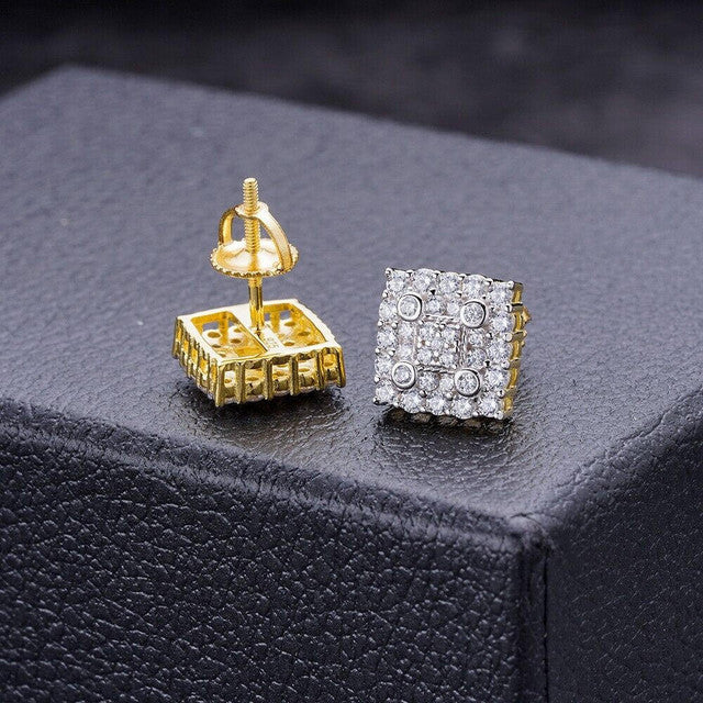 Iced Square Earrings Big 10mm Real 925 Silver 14k Gold Plated Studs Hip Hop Out