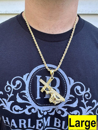 Jesus Carrying Cross Pendant Plain Necklace 14k Gold Vermeil 925 Silver - 3 Size