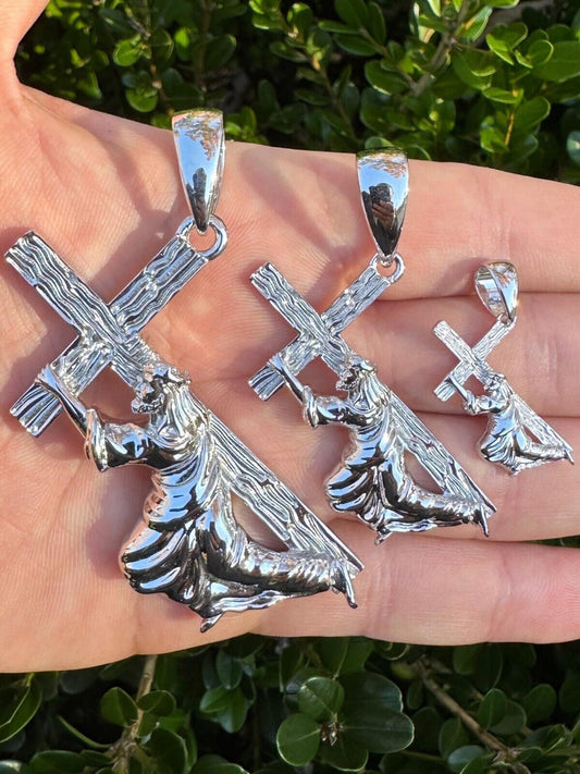 Jesus Carrying Cross Plain Crucifix Pendant Necklace 925 Sterling Silver 3 Sizes