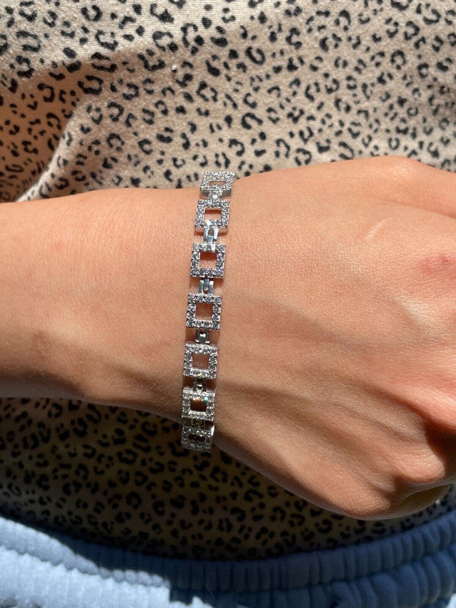 Ladies Iced Tight Square Custom Bracelet Adjustable Solid 925 Sterling Silver