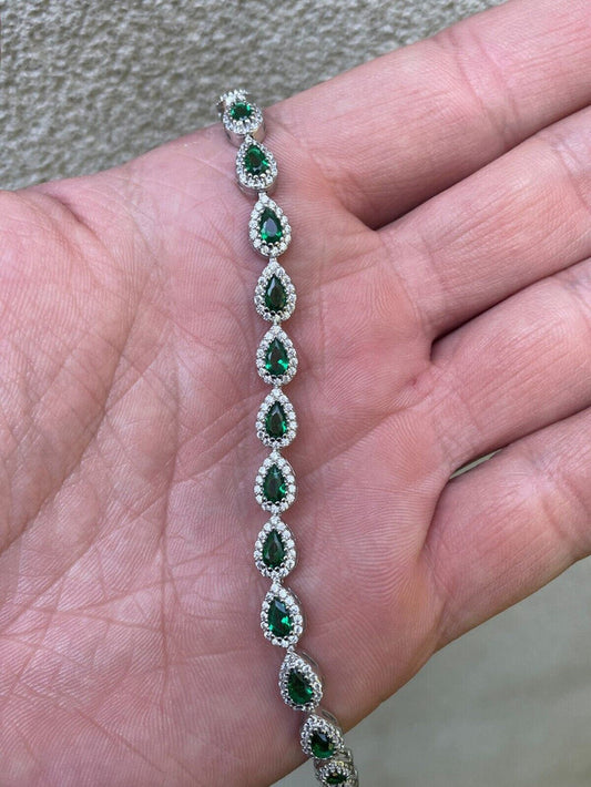 Ladies Simulated Emerald Teardrop Tennis Bracelet Adjustable Solid 925 Silver