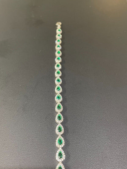 Ladies Simulated Emerald Teardrop Tennis Bracelet Adjustable Solid 925 Silver