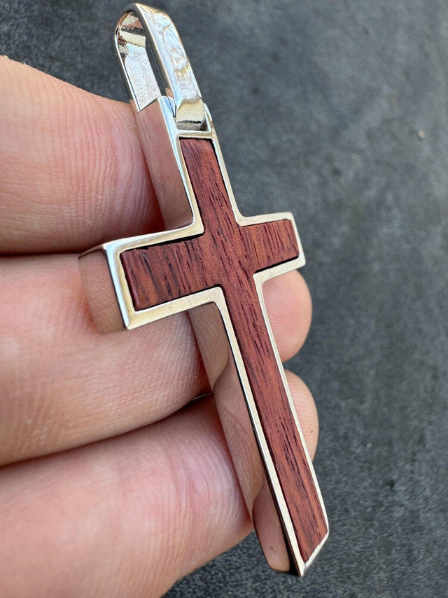 Large Mens Real 925 Silver & Wood Inlay Plain Religious Cross Pendant Necklace