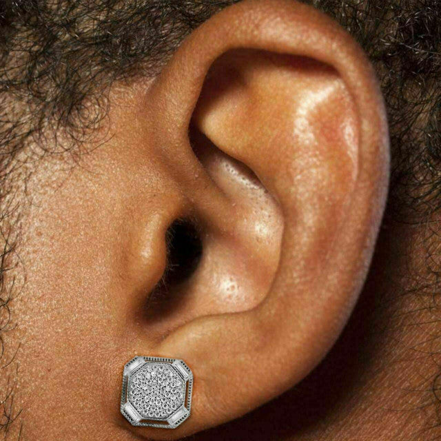 Large Mens Real MOISSANITE Silver Iced Baguette Earrings Hip Hop Diamond Test ✅