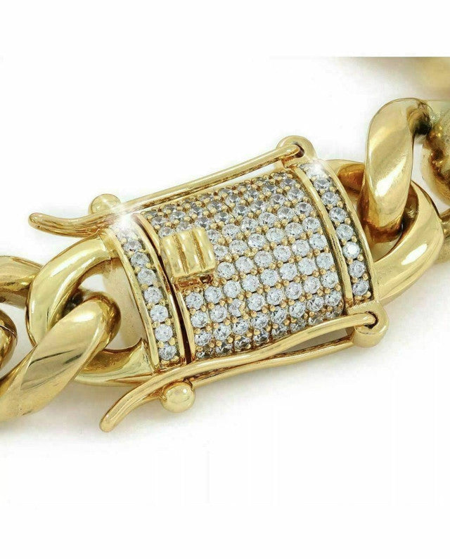 Men Cuban Miami Link 14mm Thick Bracelet Stainless 18k Gold Plated Diamond Clasp