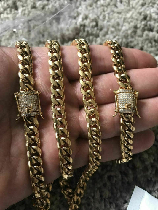 Men Cuban Miami Link Bracelet & Chain Set 18k Gold Plated 8mm *Diamond Clasp*