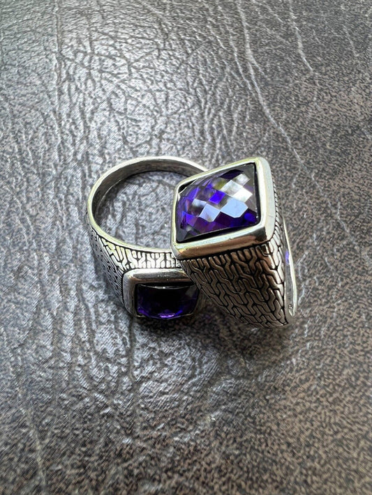 Men Real 925 Sterling Silver Simulated Purple Amethyst Gem Stone Pinky Ring Iced