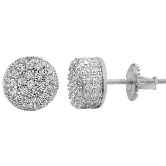 Men Real Solid 925 Sterling Silver 1/3" Round Cluster Earrings Diamond Studs Ice