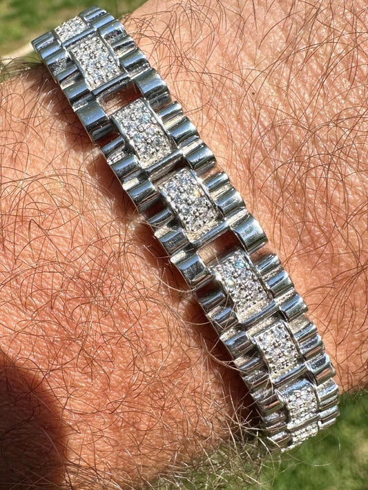 Mens 10mm Iced Presidential Bracelet Real 925 Sterling Silver Flooded Out HipHop