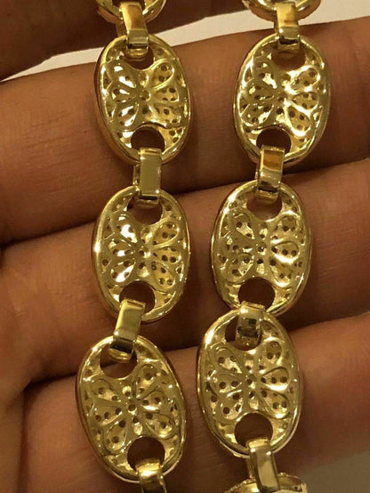 Mens 12mm Gucci Link Bracelet 14k Gold Over Solid 925 Sterling Silver Diamond