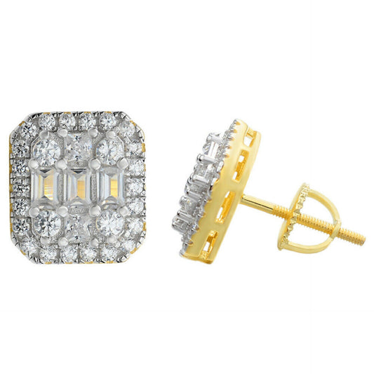 Men's 14k Gold & Real Solid Sterling Silver Iced Baguette Diamond Earrings Studs