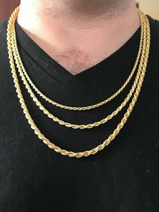 Men's 14K Gold Over Real Solid 925 Silver Rope Chain MADE IN ITALY 20-30" 3-5mm