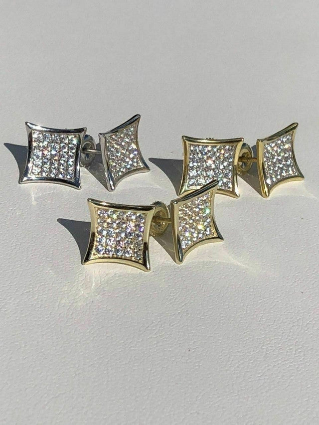 Men's 14k Gold Plated REAL 925 Silver 1/2" Square Diamonds Stud Earrings Hip Hop