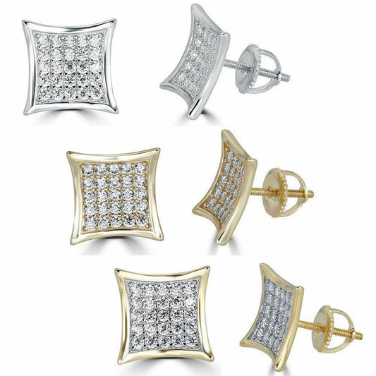 Men's 14k Gold Plated REAL 925 Silver 1/2" Square Diamonds Stud Earrings Hip Hop