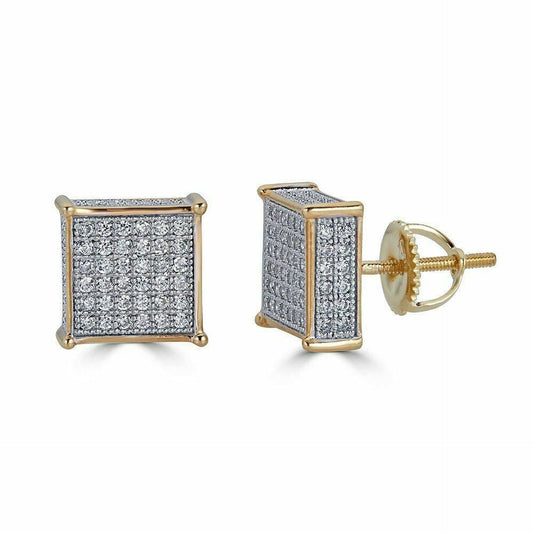 Men's 14k Gold Plated REAL 925 Silver 3/8" Square Cube Diamonds Stud Earrings