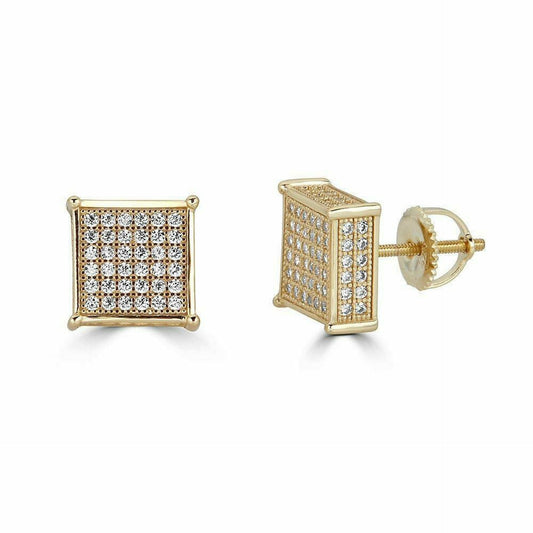Men's 14k Gold Plated REAL 925 Silver 3/8" Square Diamonds Stud Earrings Hip Hop
