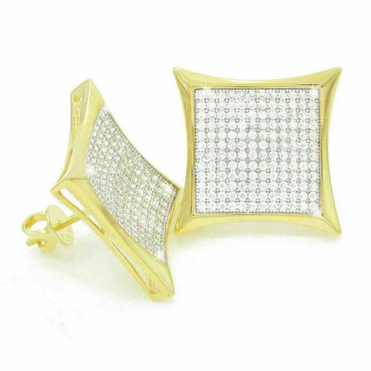Mens 14k Gold Plated Sterling Silver 3/4" Square MicroPave Man Diamonds Earrings