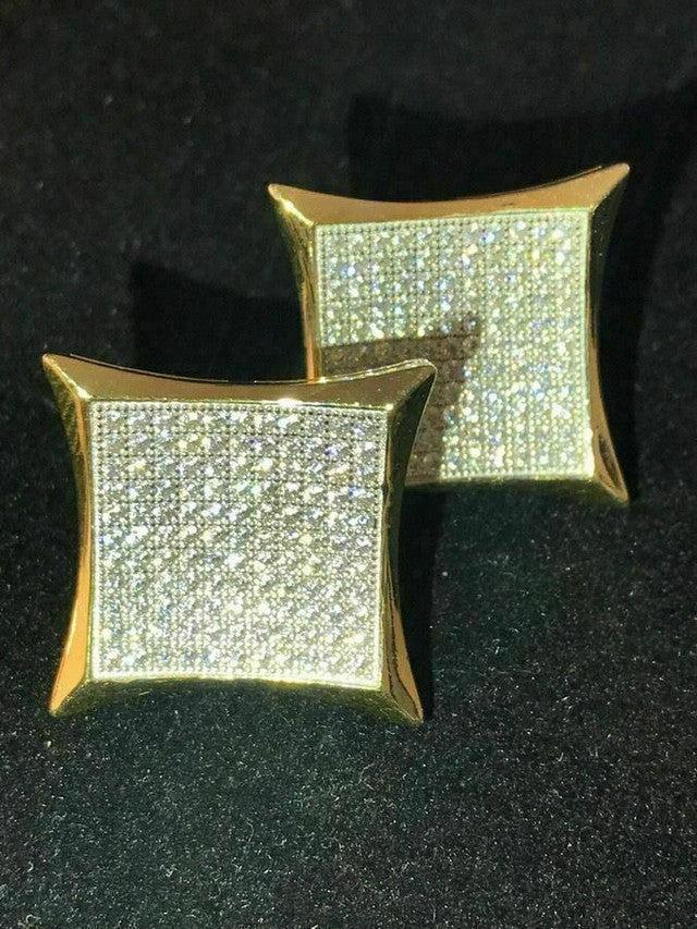 Mens 14k Gold Plated Sterling Silver 3/4" Square MicroPave Man Diamonds Earrings