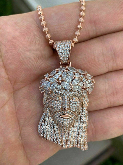 Men's 14k Rose Gold & Solid 925 Silver Jesus Piece Pendant ICY Diamond Bust Down