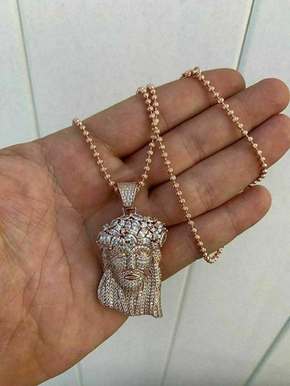 Men's 14k Rose Gold & Solid 925 Silver Jesus Piece Pendant ICY Diamond Bust Down