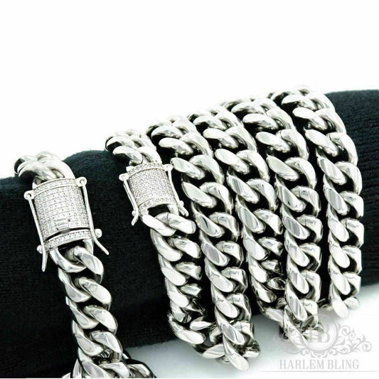 Mens Cuban Miami Bracelet & Chain Set Stainless Steel 10mm Real 925 Silver Clasp