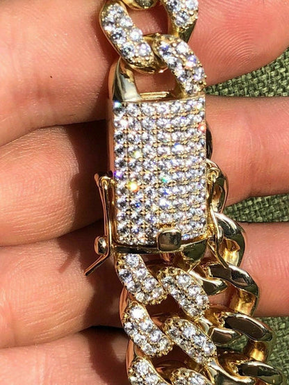 Mens Cuban Miami Link 15mm Chain 14k Yellow Gold Over Solid 925 Silver Diamonds