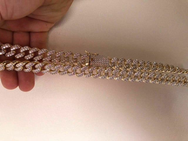 Mens Cuban Miami Link 15mm Chain 14k Yellow Gold Over Solid 925 Silver Diamonds