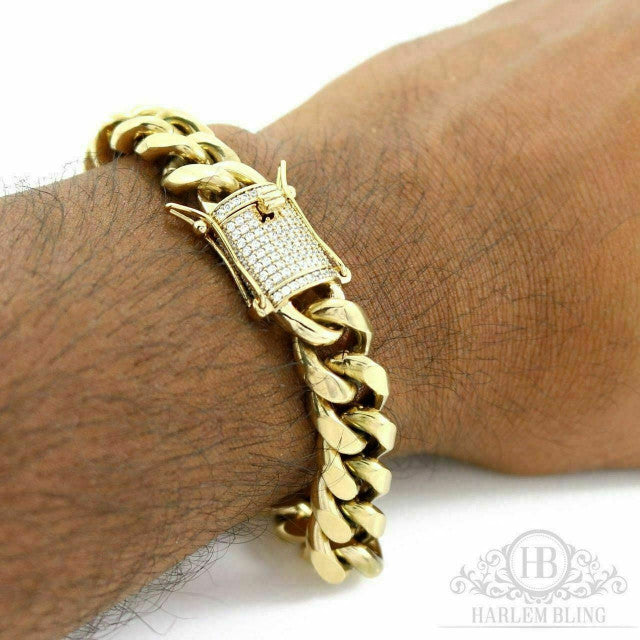 Mens Cuban Miami Link Bracelet & Chain Set 14k Gold Plated 10mm *Diamond Clasp*