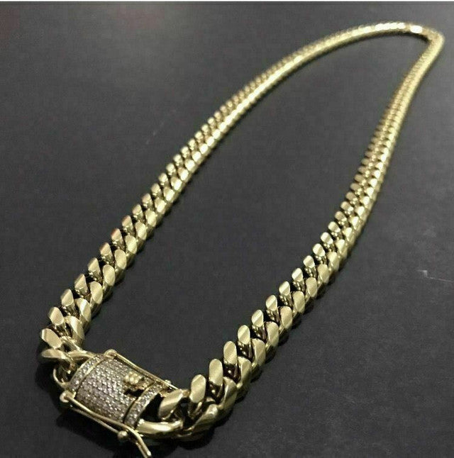Mens Cuban Miami Link Bracelet & Chain Set 14k Gold Plated 10mm *Diamond Clasp*