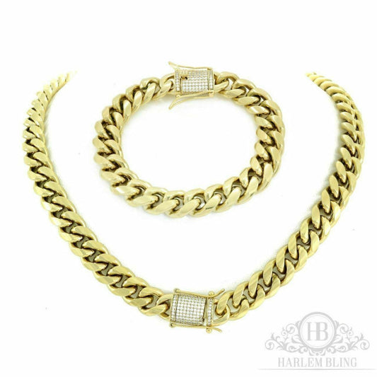 Mens Cuban Miami Link Bracelet & Chain Set 14k Gold Plated 12mm *Diamond Clasp*
