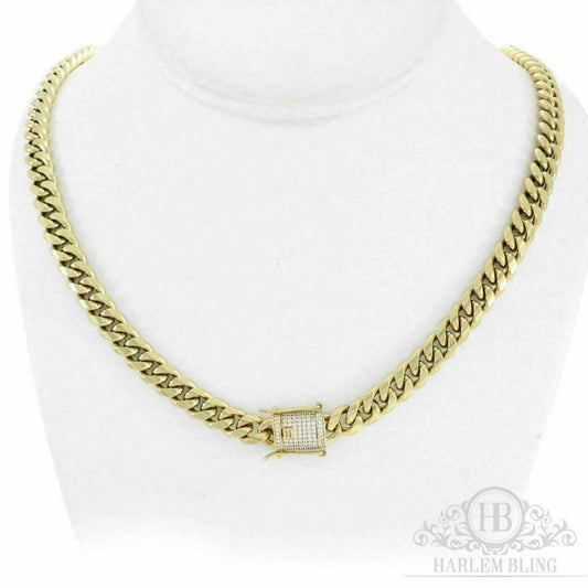 Men's Cuban Miami Link Chain Stainless 14k Gold Plated 30" 10mm *Diamond Clasp*