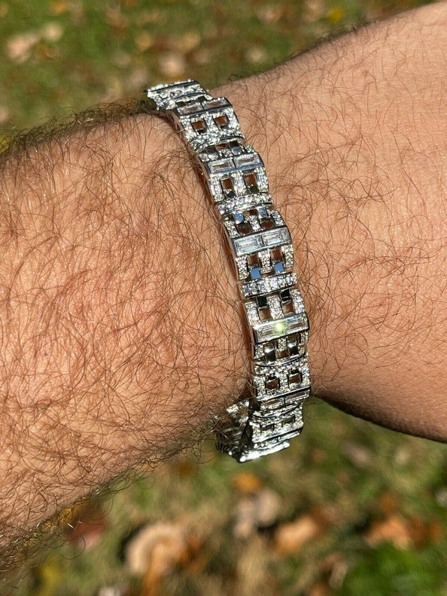 Men's Custom Link Bracelet Real 925 Sterling Silver Iced Baguette Out Diamond