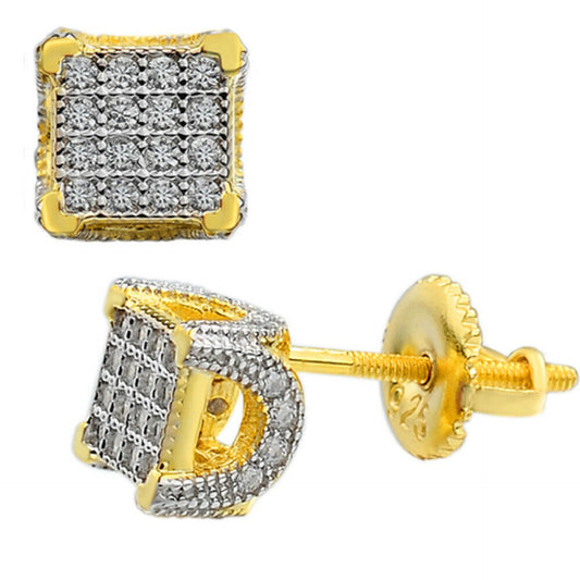Mens Ladies Solid 925 Silver & 14k Gold CZ Iced Earrings Studs Small 1/4" Square