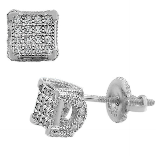 Mens Ladies Solid 925 Sterling Silver Iced Earrings Cube Studs Small 1/4" Square