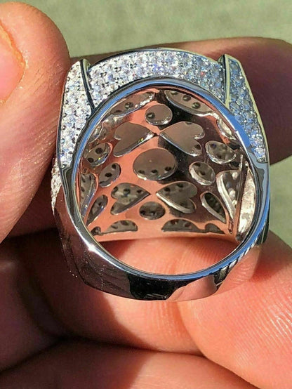Men's Large Solid 925 Silver 3ct Iced Diamond Masonic Free Mason RING 14k Gold (CZ)