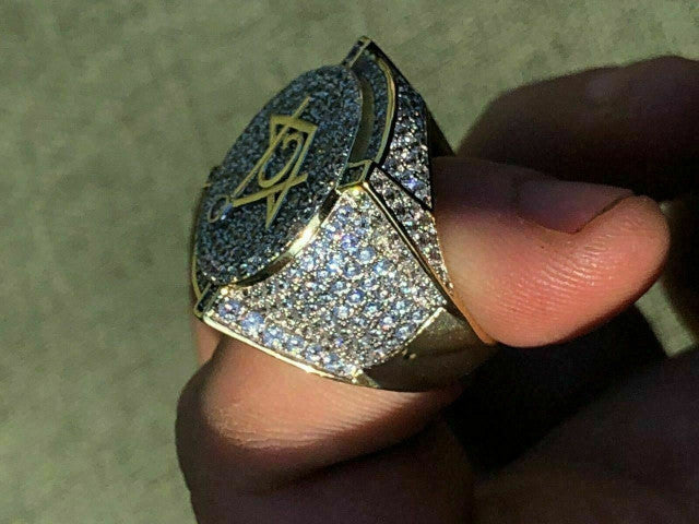 Men's Large Solid 925 Silver 3ct Iced Diamond Masonic Free Mason RING 14k Gold (CZ)