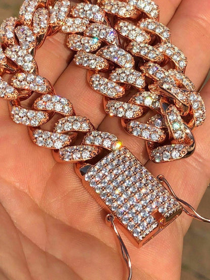 Mens Miami Cuban Link 15mm Chain 14k Rose Gold Over Solid 925 Silver Diamond ICY
