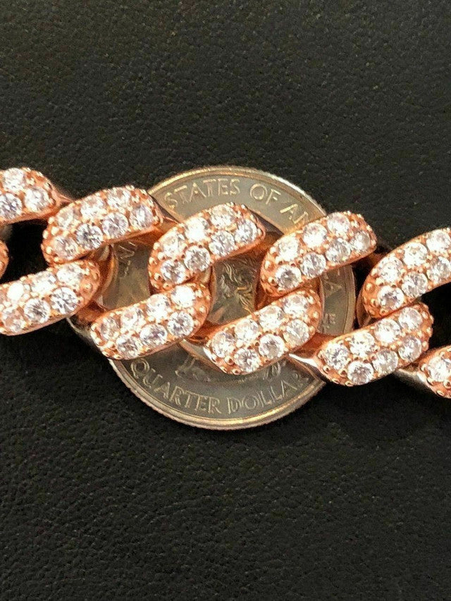 Mens Miami Cuban Link 15mm Chain 14k Rose Gold Over Solid 925 Silver Diamond ICY