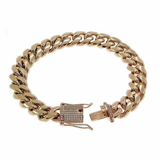 Men's Miami Cuban Link Bracelet 14k Rose Gold Plated 12mm 1ct Diamond Clasp ICY